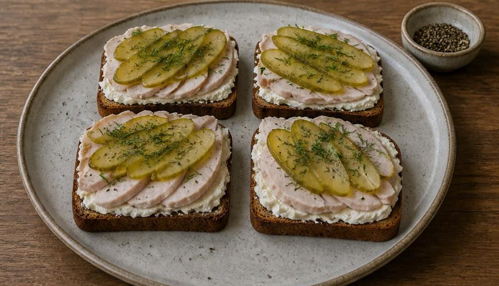 Britisches Putenbrust-Frühstücksbrot mit Gewürzgurke – Zubereitung Schritt für Schritt – Anrichten