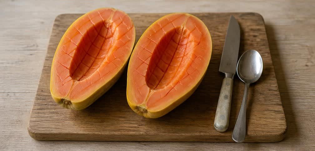 Brasilianische Papaya-Schale mit Kokos und Limette – Zubereitung Schritt für Schritt – Papaya vorbereiten
