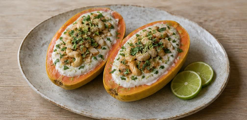 Brasilianische Papaya-Schale mit Kokos und Limette – Zubereitung Schritt für Schritt – Anrichten
