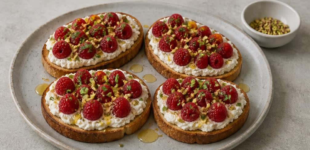Cremiger Ricotta-Toast mit Himbeeren und Pistazien – Zubereitung Schritt für Schritt – Anrichten