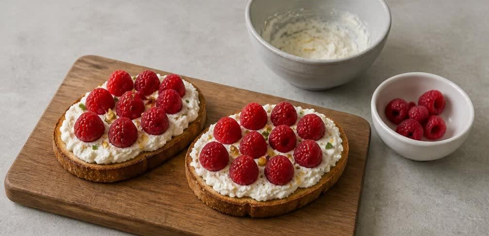 Cremiger Ricotta-Toast mit Himbeeren und Pistazien – Zubereitung Schritt für Schritt – Toast belegen