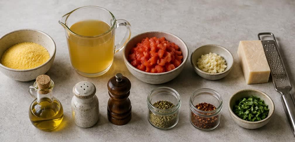 Knusprige Polenta-Schnitten mit Knoblauch-Tomaten – Zutaten bereitstellen