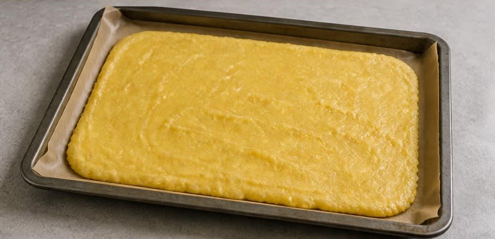 Knusprige Polenta-Schnitten mit Knoblauch-Tomaten – Zubereitung Schritt für Schritt – Polenta abkühlen lassen