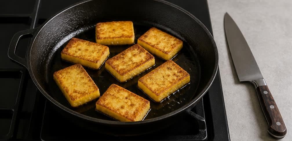 Knusprige Polenta-Schnitten mit Knoblauch-Tomaten – Zubereitung Schritt für Schritt – Polenta-Schnitten braten