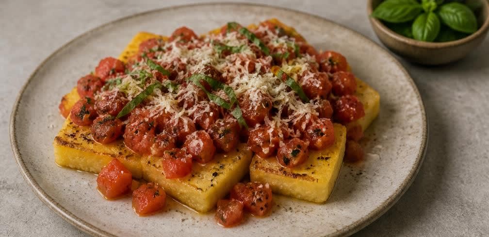 Knusprige Polenta-Schnitten mit Knoblauch-Tomaten – Zubereitung Schritt für Schritt – Anrichten