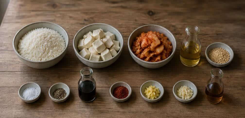 Koreanisches Frühstück: Tofu mit Kimchi auf Reis – Zutaten