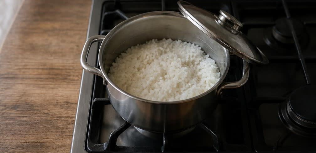 Koreanisches Frühstück: Tofu mit Kimchi auf Reis – Zubereitung Schritt für Schritt – Reis kochen
