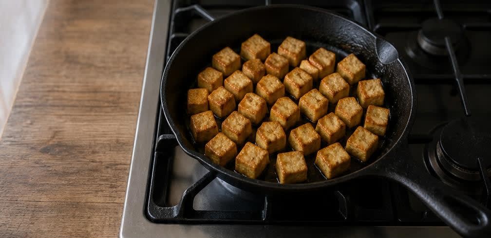 Koreanisches Frühstück: Tofu mit Kimchi auf Reis – Zubereitung Schritt für Schritt – Tofu anbraten