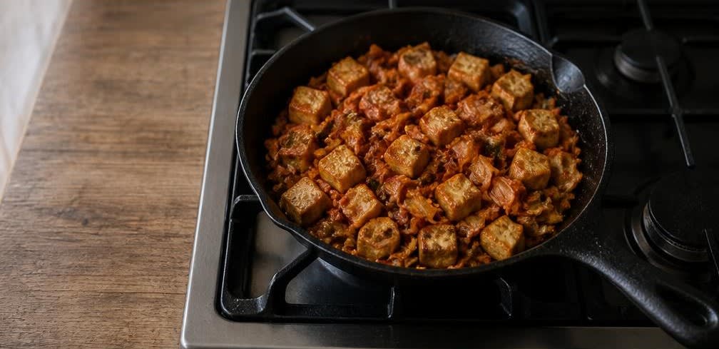 Koreanisches Frühstück: Tofu mit Kimchi auf Reis – Zubereitung Schritt für Schritt – Kimchi-Mischung zubereiten