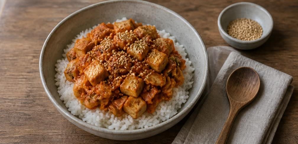Koreanisches Frühstück: Tofu mit Kimchi auf Reis – Zubereitung Schritt für Schritt – Anrichten
