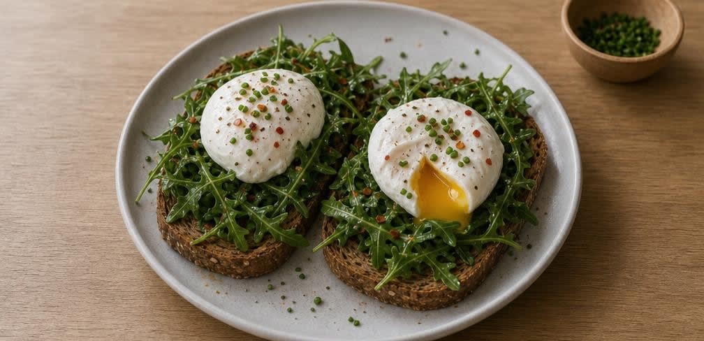 Pochiertes Ei auf Rucola und Vollkornbrot – Zubereitung Schritt für Schritt – Anrichten und servieren