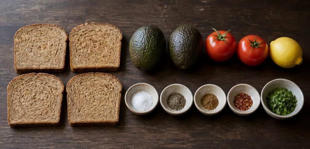 Gestampfte Avocado mit Tomaten auf knusprigem Vollkornbrot – Zutaten