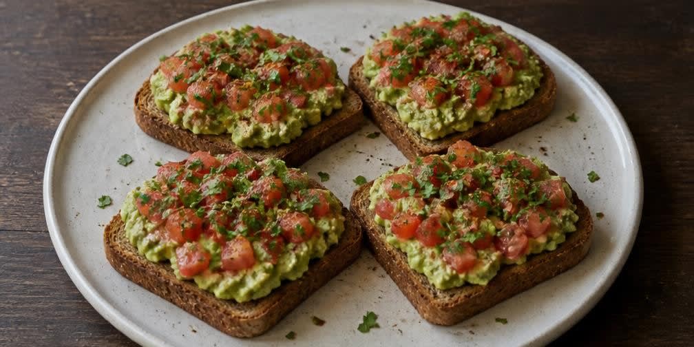 Gestampfte Avocado mit Tomaten auf knusprigem Vollkornbrot – Zubereitung Schritt für Schritt – Anrichten