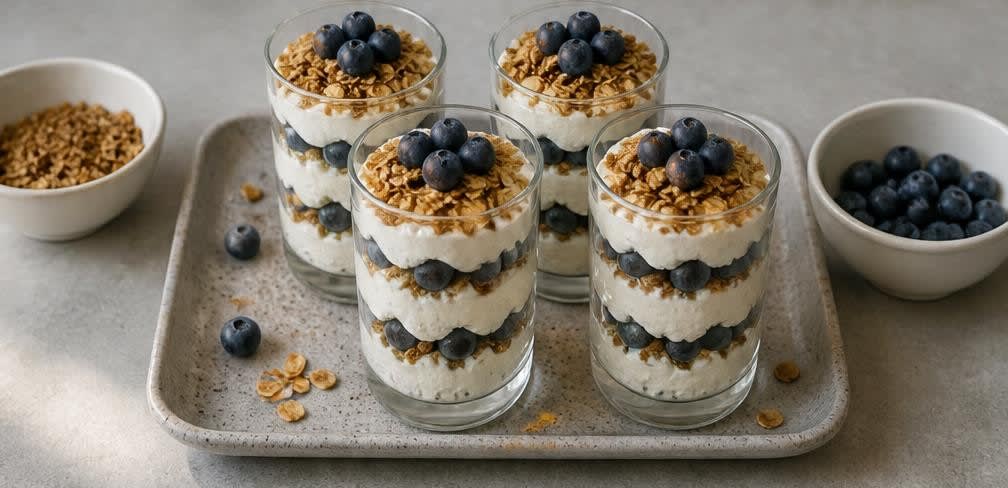 Luftige Quark-Creme mit Knusper-Hafer und Blaubeeren – Zubereitung Schritt für Schritt – Anrichten