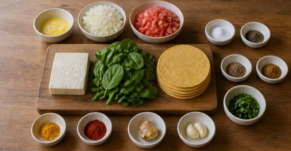 Indisches Frühstücks-Taco: Würziger Paneer und Spinat auf Maistortilla – Alle Zutaten bereitgestellt