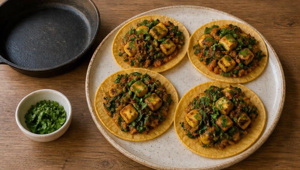 Indisches Frühstücks-Taco: Würziger Paneer und Spinat auf Maistortilla – Zubereitung Schritt für Schritt – Tacos füllen und garnieren