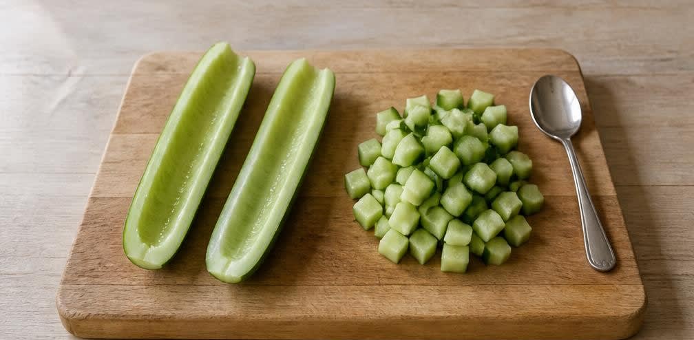 Skandinavische Hüttenkäse-Bowl mit Radieschen und Gurke – Zubereitung Schritt für Schritt – Gurke vorbereiten