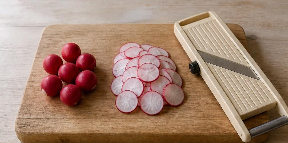 Skandinavische Hüttenkäse-Bowl mit Radieschen und Gurke – Zubereitung Schritt für Schritt – Radieschen vorbereiten