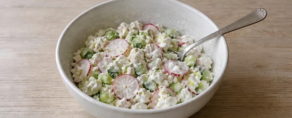 Skandinavische Hüttenkäse-Bowl mit Radieschen und Gurke – Zubereitung Schritt für Schritt – Gemüse unterheben