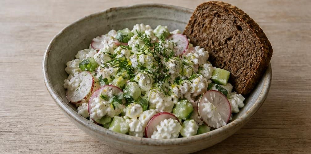 Skandinavische Hüttenkäse-Bowl mit Radieschen und Gurke – Zubereitung Schritt für Schritt – Anrichten