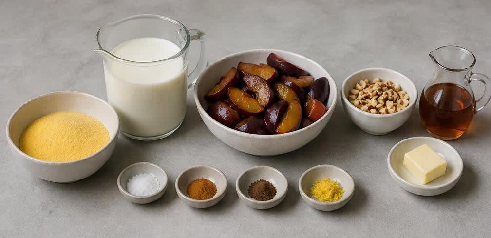 Cremiger Polenta-Brei mit Zimt-Pflaumen und gerösteten Haselnüssen – Zutaten
