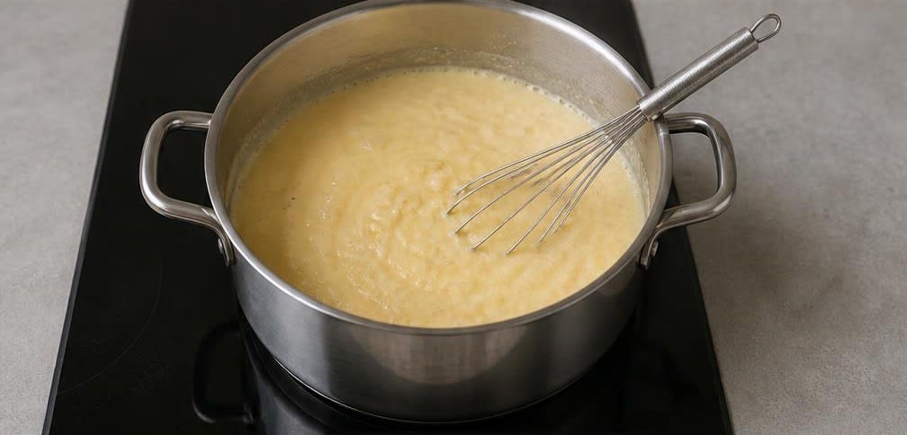 Cremiger Polenta-Brei mit Zimt-Pflaumen und gerösteten Haselnüssen – Zubereitung Schritt für Schritt – Polenta ansetzen