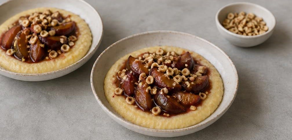 Cremiger Polenta-Brei mit Zimt-Pflaumen und gerösteten Haselnüssen – Zubereitung Schritt für Schritt – Anrichten