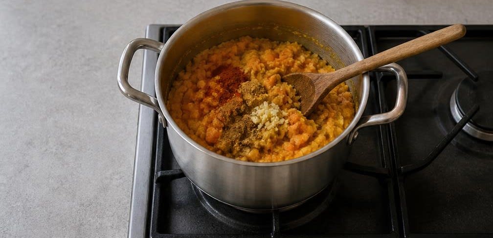 Orientalischer Linsen-Karotten-Aufstrich auf Roggenbrot – Zubereitung Schritt für Schritt – Gewürze unterrühren
