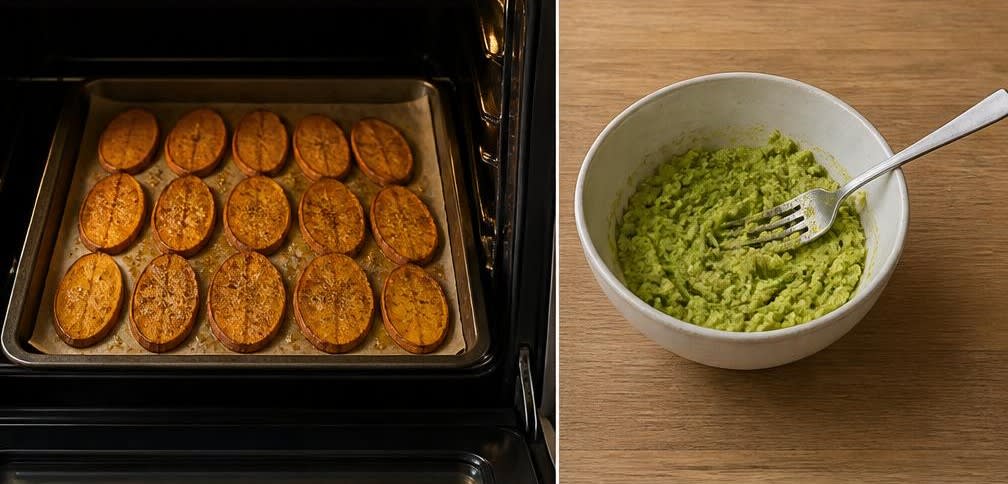 Süßkartoffel-Toast mit Avocado und Sesamsamen – Zubereitung Schritt für Schritt – Süßkartoffeln backen und Avocado zerdrücken