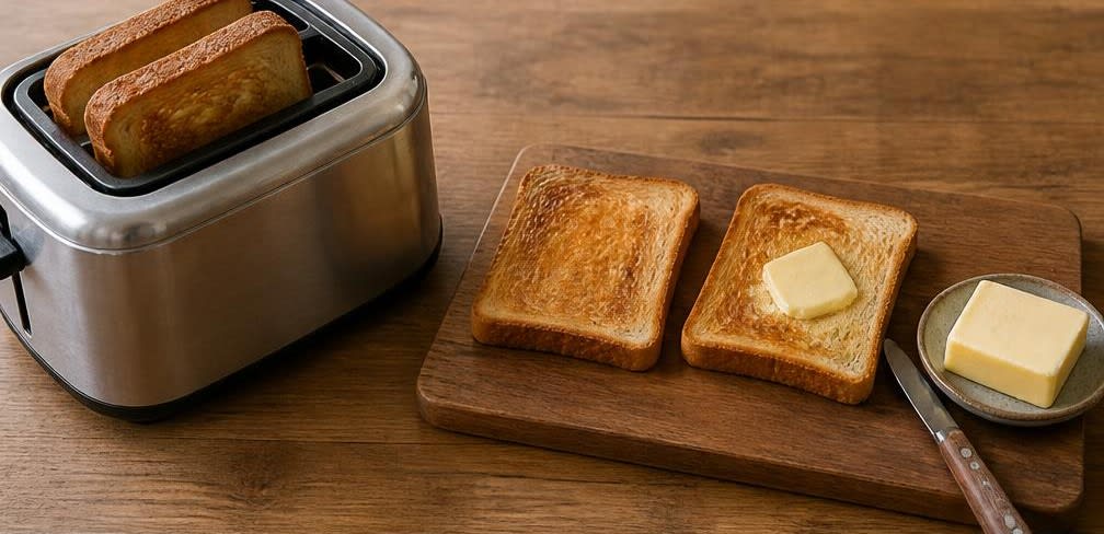 Britisches Spiegelei auf Toast mit Kochschinken – Zubereitung Schritt für Schritt – Weißbrot toasten und buttern