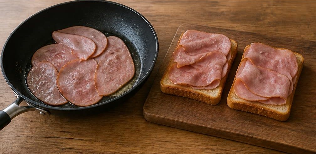 Britisches Spiegelei auf Toast mit Kochschinken – Zubereitung Schritt für Schritt – Kochschinken erwärmen und verteilen