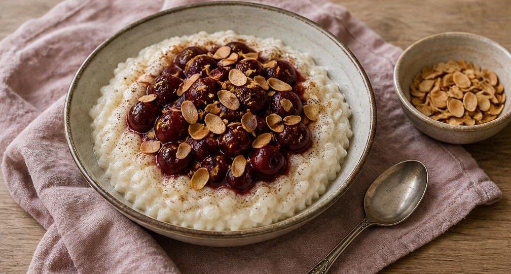 Cremiger österreichischer Reisbrei mit Kirschen und Röstmandeln – Zubereitung Schritt für Schritt – Anrichten