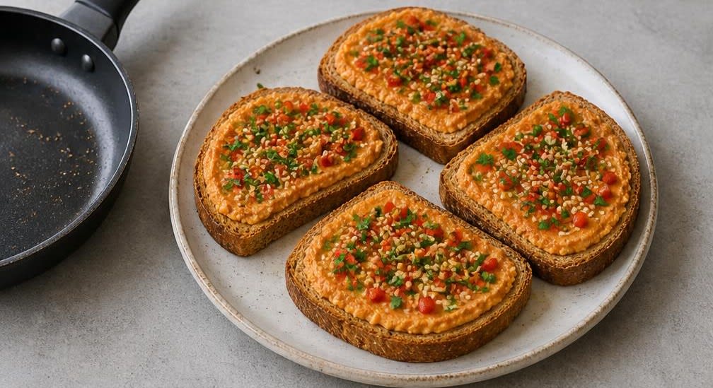 Cremiger Kichererbsen-Paprika-Aufstrich auf Vollkornbrot – Zubereitung Schritt für Schritt – Anrichten