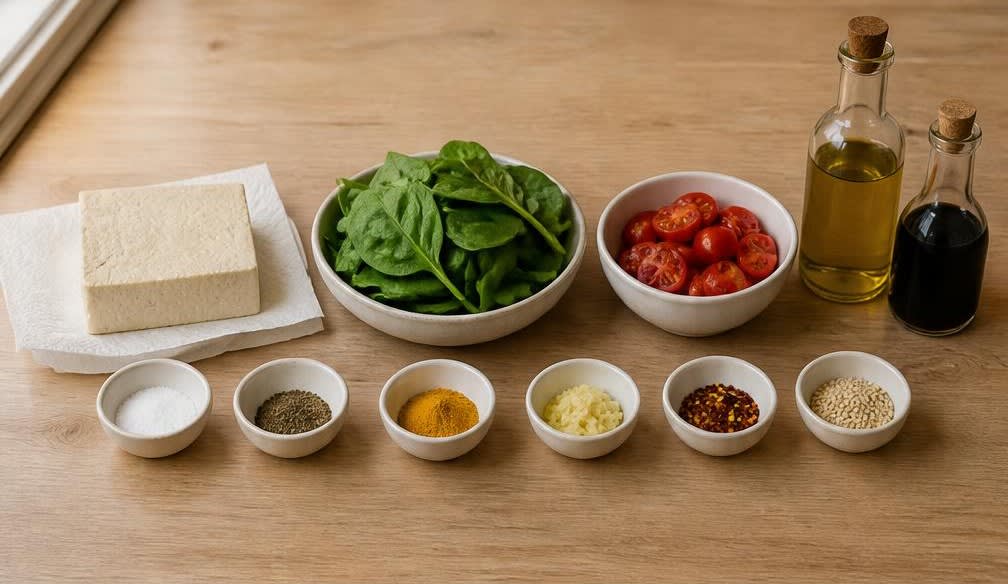 Asiatisches Tofu-Rührei mit Spinat und Tomaten – Zutaten