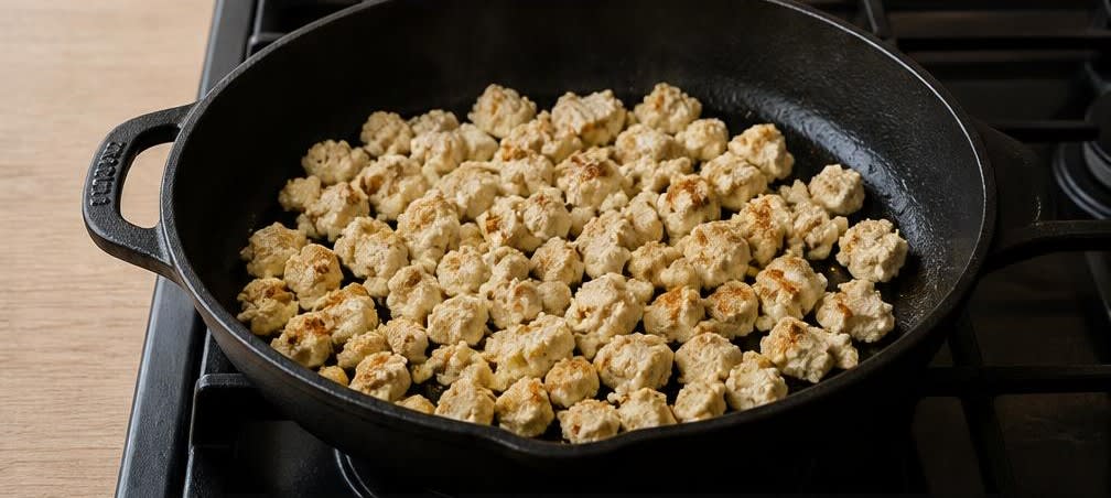Asiatisches Tofu-Rührei mit Spinat und Tomaten – Zubereitung Schritt für Schritt – Tofu anbraten