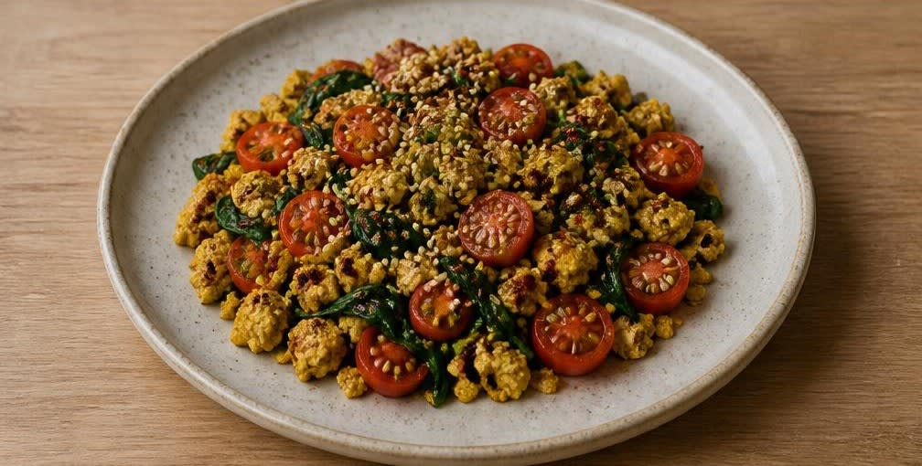 Asiatisches Tofu-Rührei mit Spinat und Tomaten – Zubereitung Schritt für Schritt – Anrichten