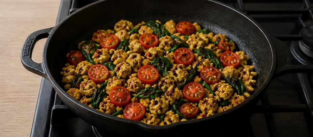 Asiatisches Tofu-Rührei mit Spinat und Tomaten – Zubereitung Schritt für Schritt – Gemüse hinzufügen