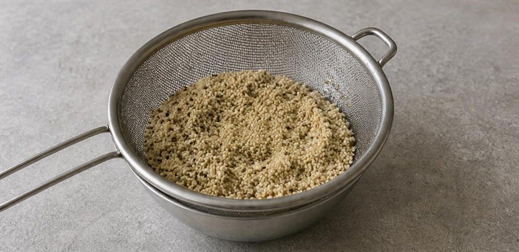 Peruanische Quinoa-Frühstücks-Bowl mit Avocado und Tomaten – Zubereitung Schritt für Schritt – Quinoa spülen