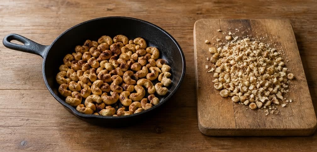 Cremiger Naturjoghurt mit gerösteten Cashews und reifen Pfirsichen – Zubereitung Schritt für Schritt – Cashewkerne rösten und hacken