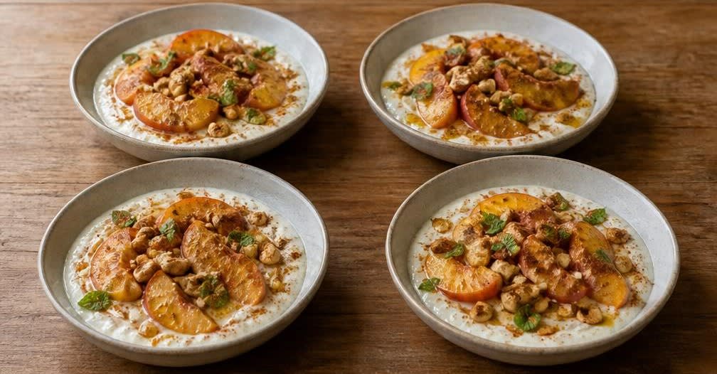 Cremiger Naturjoghurt mit gerösteten Cashews und reifen Pfirsichen – Zubereitung Schritt für Schritt – Anrichten