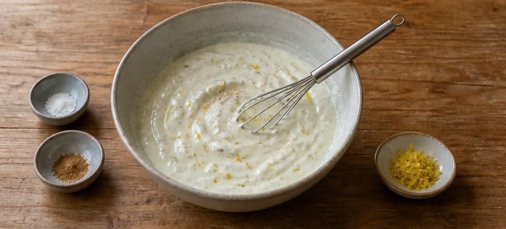 Cremiger Naturjoghurt mit gerösteten Cashews und reifen Pfirsichen – Zubereitung Schritt für Schritt – Joghurt verrühren