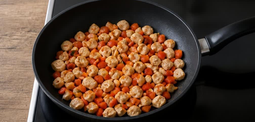 Protein-Rührei mit magerer Putenbrust und Paprika – Zubereitung Schritt für Schritt – Putenbrust und Paprika andünsten