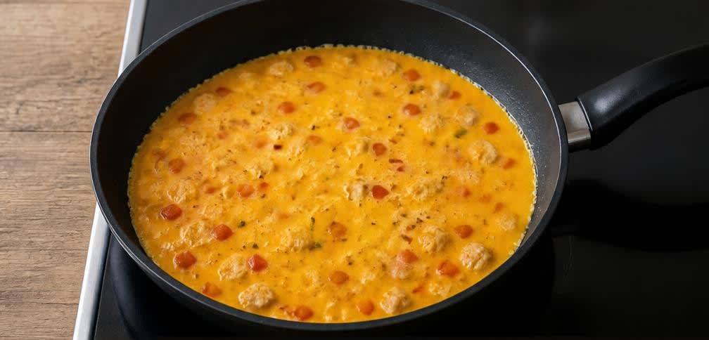 Protein-Rührei mit magerer Putenbrust und Paprika – Zubereitung Schritt für Schritt – Eimasse angießen