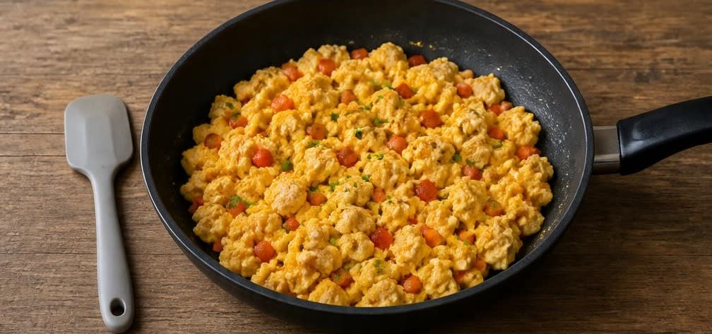 Protein-Rührei mit magerer Putenbrust und Paprika – Zubereitung Schritt für Schritt – Rührei stocken lassen