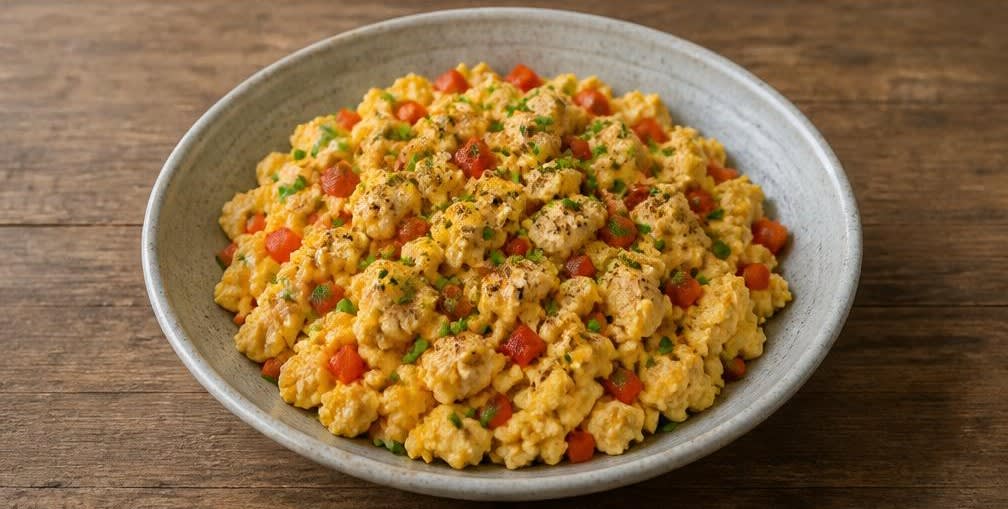 Protein-Rührei mit magerer Putenbrust und Paprika – Zubereitung Schritt für Schritt – Anrichten