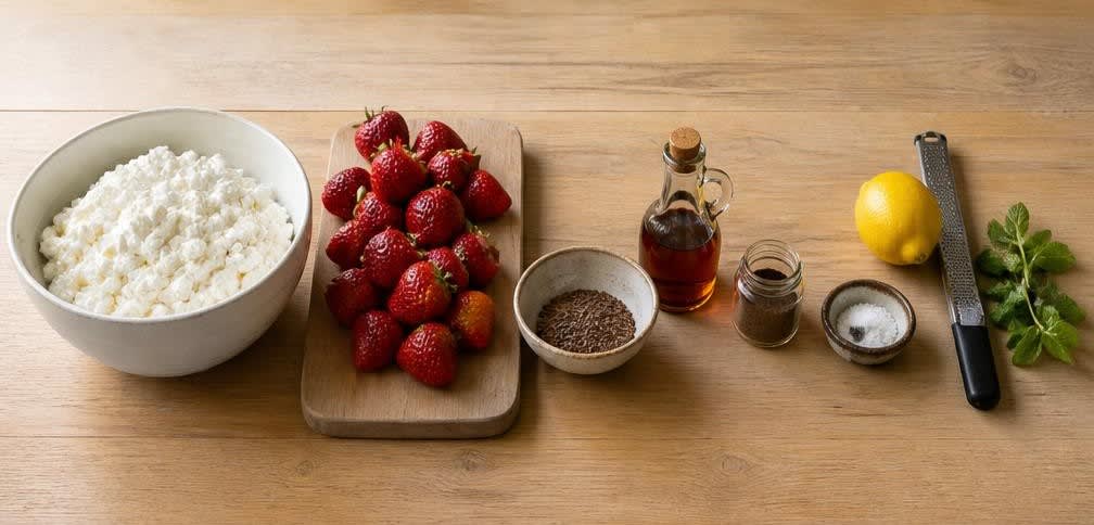 Britisches Hüttenkäse-Frühstück mit Erdbeeren und geschroteten Leinsamen – Zutaten
