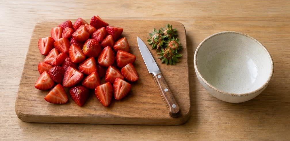 Britisches Hüttenkäse-Frühstück mit Erdbeeren und geschroteten Leinsamen – Zubereitung Schritt für Schritt – Erdbeeren vorbereiten