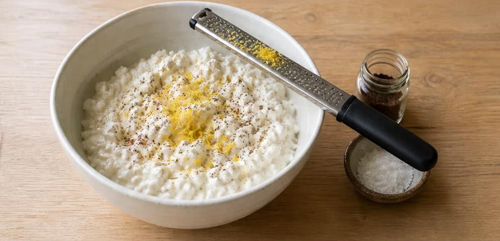 Britisches Hüttenkäse-Frühstück mit Erdbeeren und geschroteten Leinsamen – Zubereitung Schritt für Schritt – Hüttenkäse würzen