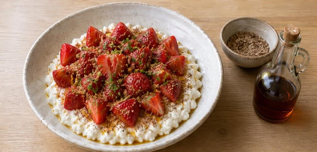 Britisches Hüttenkäse-Frühstück mit Erdbeeren und geschroteten Leinsamen – Zubereitung Schritt für Schritt – Anrichten