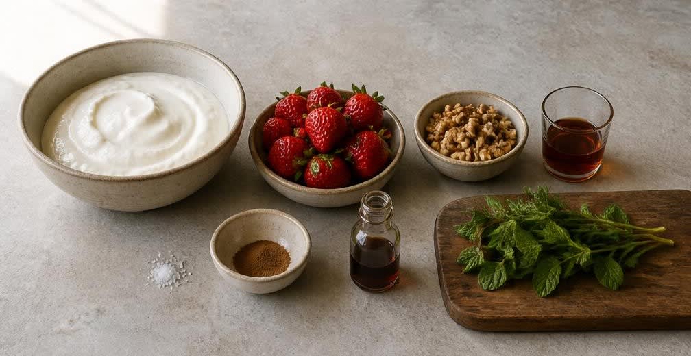 Griechischer Joghurt mit Erdbeeren, Walnüssen und Ahornsirup – Zutaten